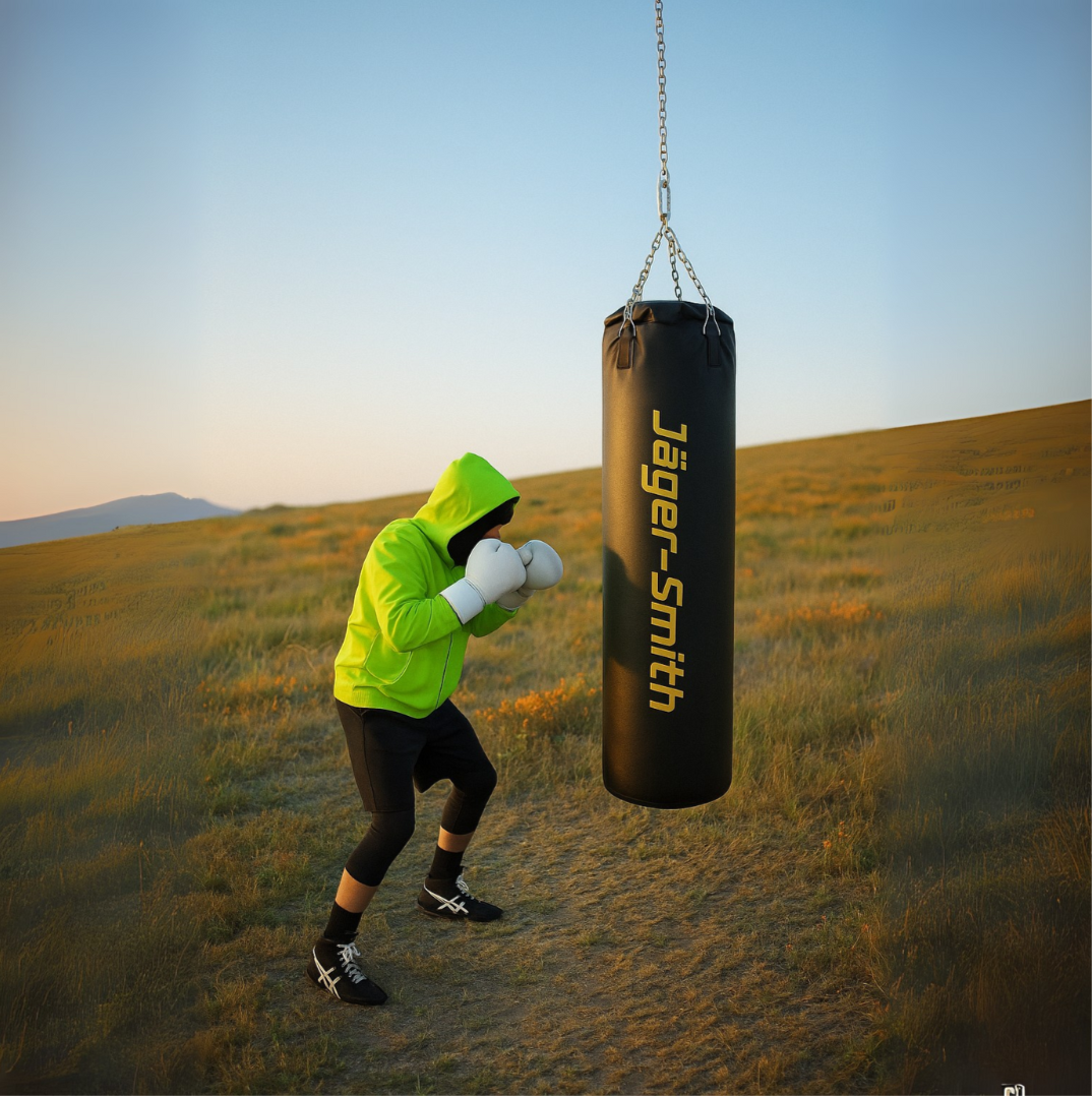 Person in a bright green jacket and black shorts boxing with a Jäger-Smith punching bag in an open field.